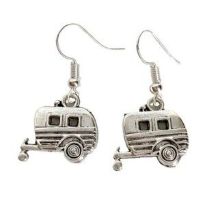 NEW Happy Camper Dangle Earrings Travel Trailer Vintage Silver Tone Hook Pierced